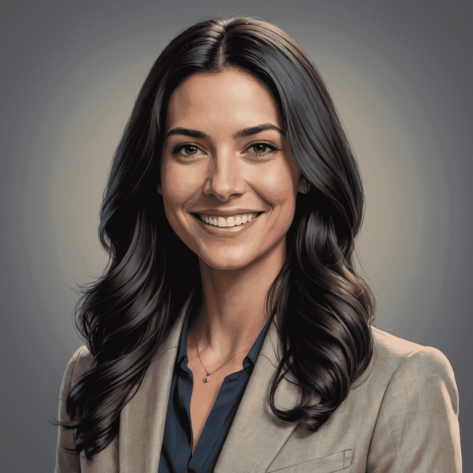 Portrait of Jane Smith, a woman in her late 20s with long black hair, wearing a professional blazer, smiling confidently