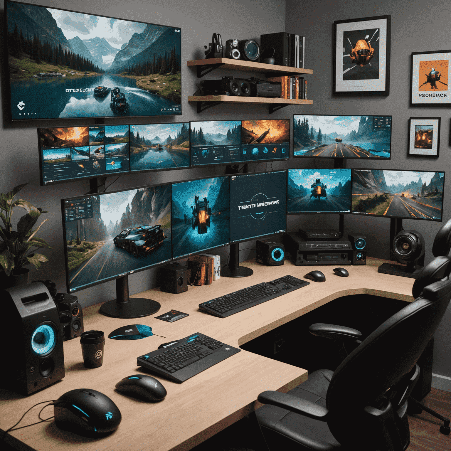 A streamer's workspace showing multiple monitors displaying various design tools in action, creating overlays, emotes, and animations for a gaming stream